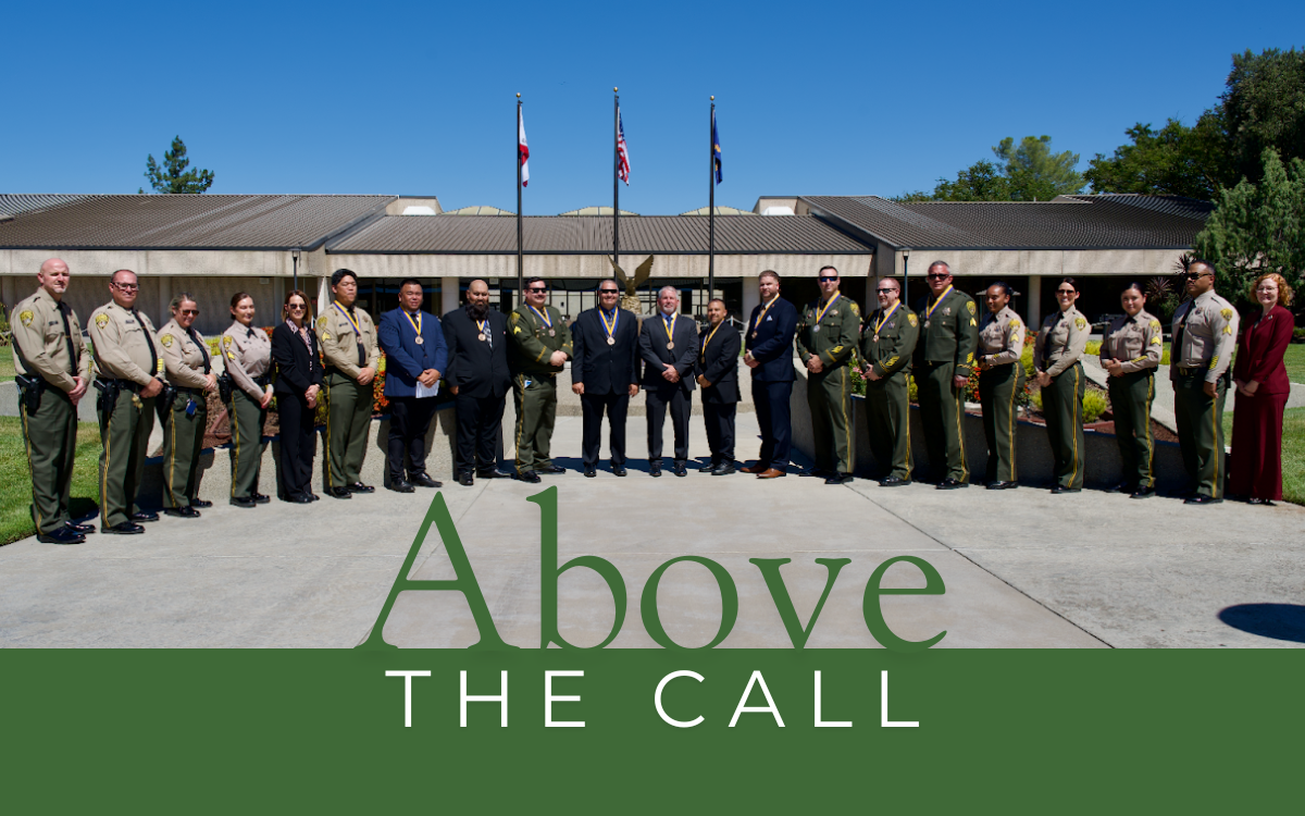 CDCR staff members were recognized at the State Employees Medal of Valor ceremony held June 12, 2026, at the CHP Academy in West Sacramento, California. Group photo of presenters and honorees with the words Above the Call overlaying the bottom of the image.
