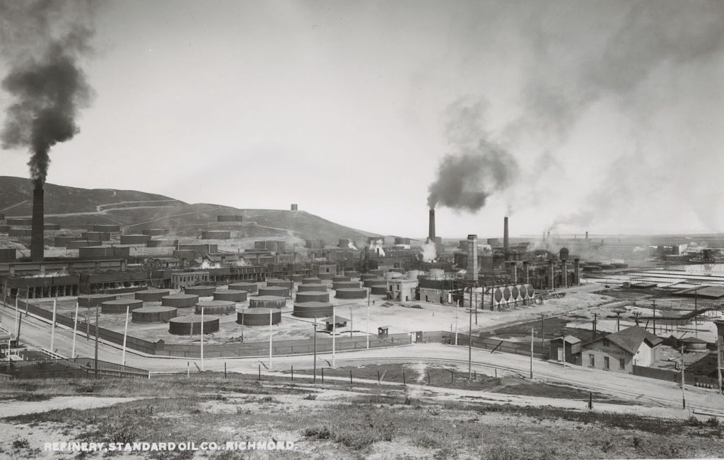 Standard Oil Company refinery in Richmond, California, undated, with smokestacks and holding tanks. 