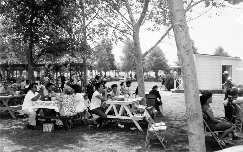 California Institution for Men at Chino visiting families have picnic, 1952, University of Southern California photo.