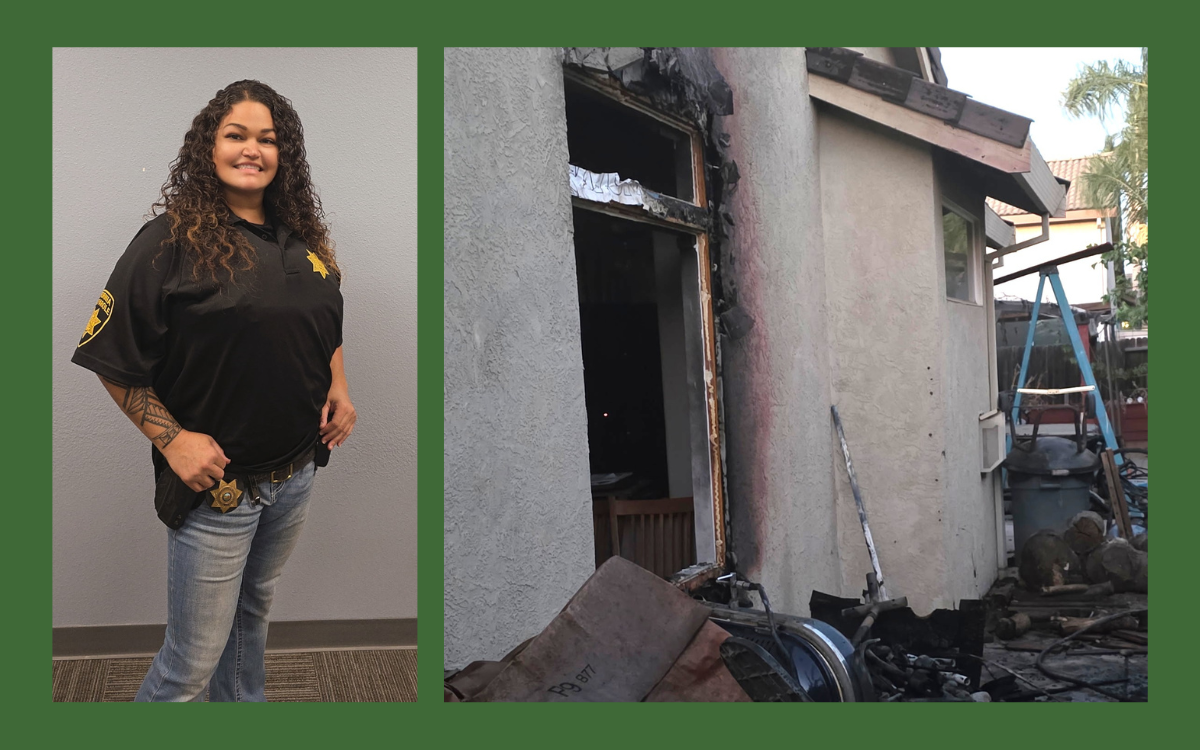 California Parole Agent Sherman and the house where she rescued an elderly couple and their dog.