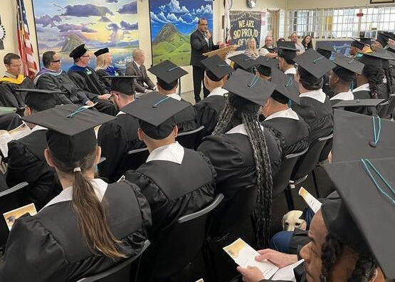 California Men’s Colony Capt. Manuel Rocha addresses graduates, educators and administrators of the Rising Scholars Program