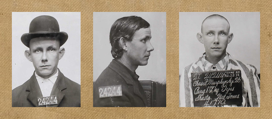 Three mugshots of Charles Murphy, incarcerated at San Quentin and Folsom State Prisons.