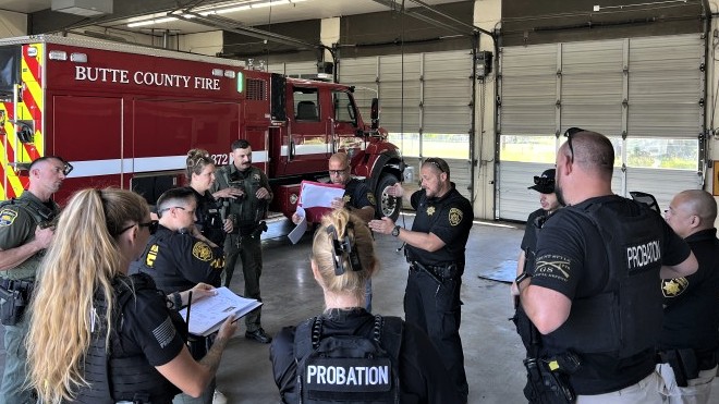 Parole agents from the Chico Parole Unit with Butte County Probation Department and Butte County Sheriff’s Office partners preparing to conduct searches