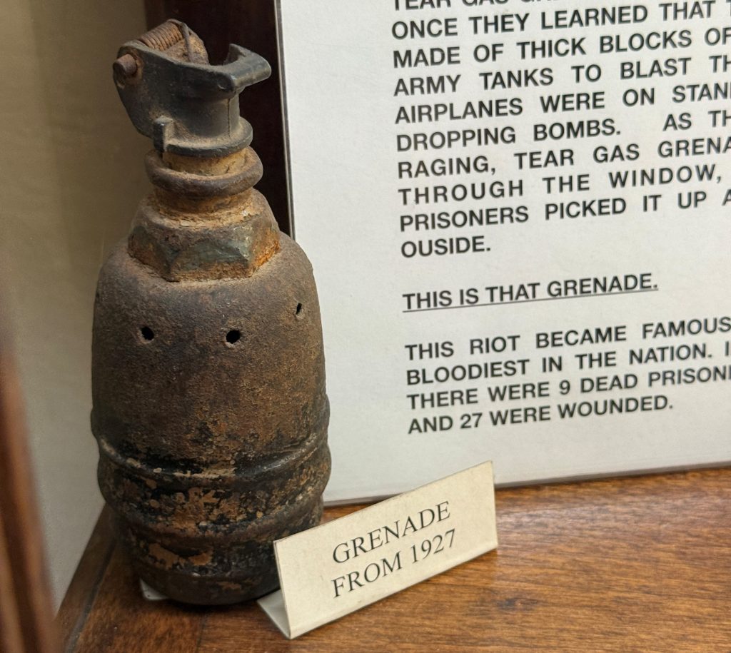 A military tear gas grenade used to help quell a riot at Folsom Prison in 1927 on display at the Big House Museum at Folsom State Prison. 