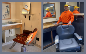 Before and after of a barbershop makeover at Fenner Conservation Camp.