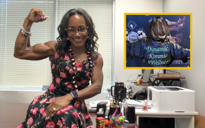 Kimmie Opoku, a supervisor II with the Office of Civil Rights, sits on her desk. Inset is a photo of her in a robe at the bodybuilding competition.