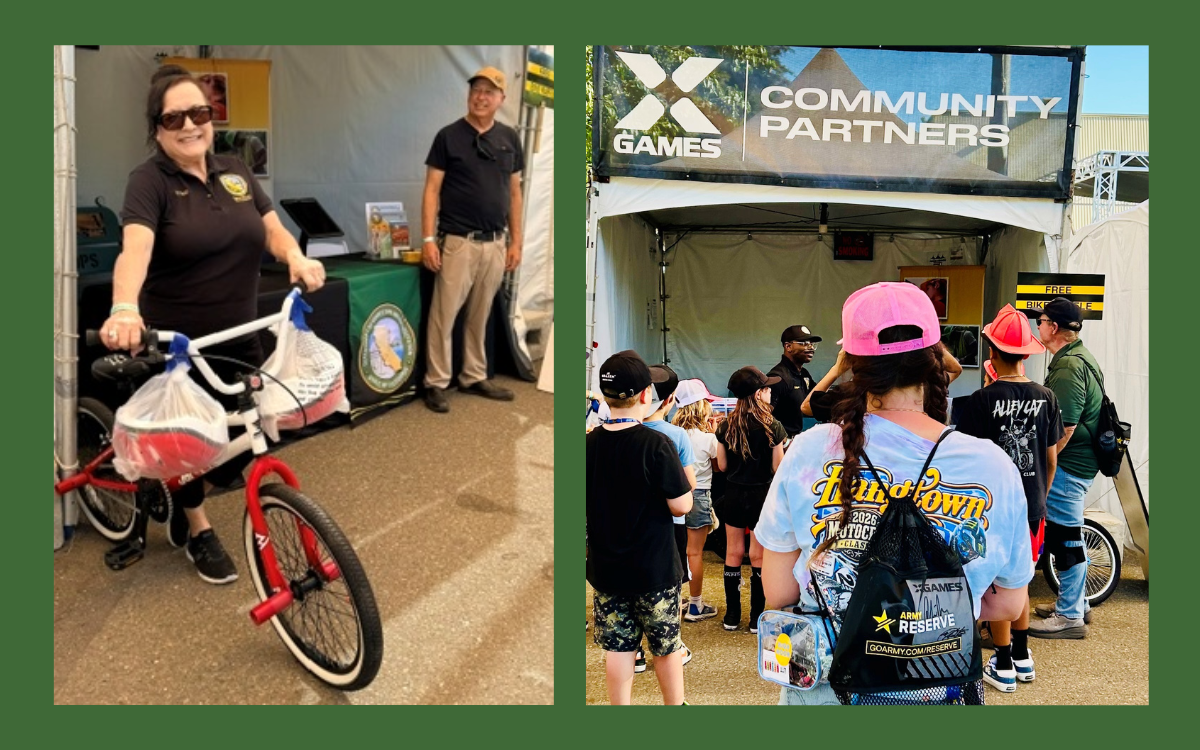 A CDCR recruitment unit staff member with a bike along with a California Medical Facility staffer at an X-Games booth in Sacramento.