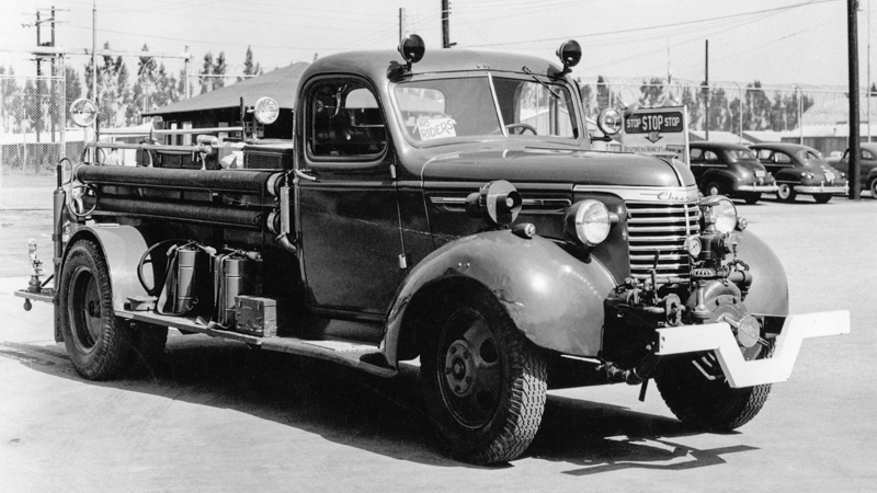 CTF institutional fire truck in late 1940s at Camp Barracks.