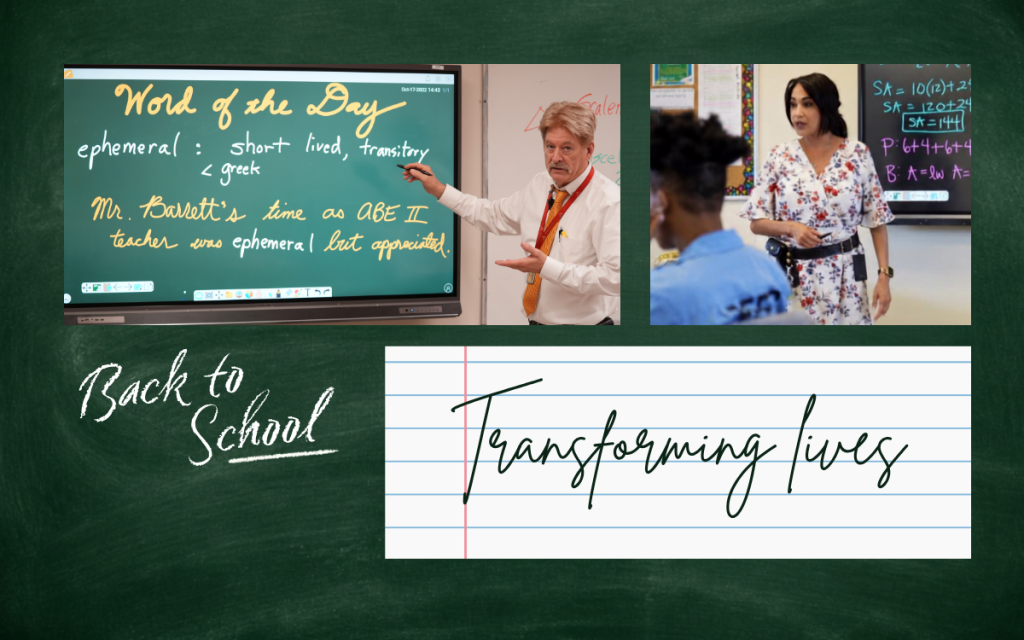 CDCR's back to school campaign featured education and transforming lives with teachers in prison classrooms against a chalkboard background.