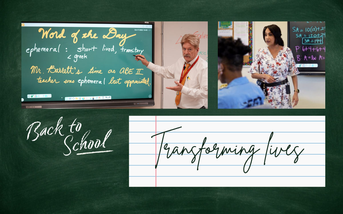 CDCR's back to school campaign featured education and transforming lives with teachers in prison classrooms against a chalkboard background.