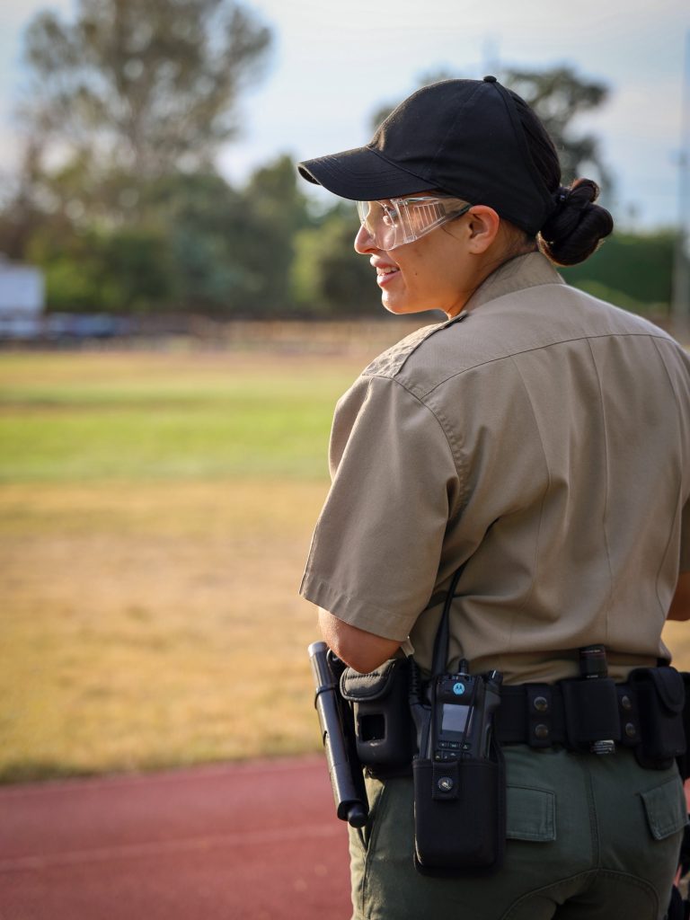 A female CDCR cadet at alarm response training.