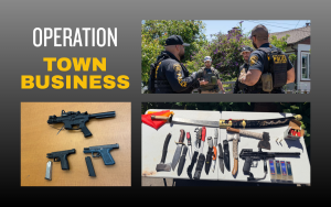 Operation Town Business, a sweep by the Division of Adult Parole Operation showing parole agents and confiscated weapons.