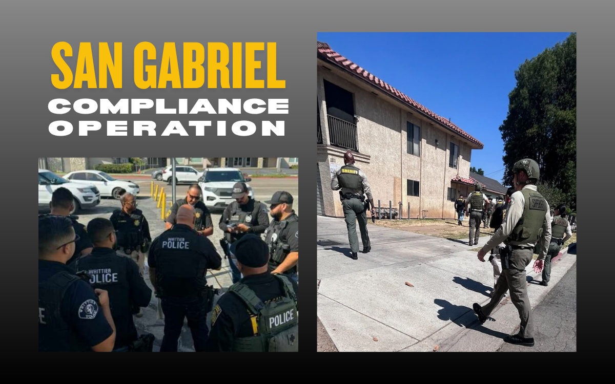 San Gabriel Valley District parole compliance sweep operation showing various law enforcement agents and officers.