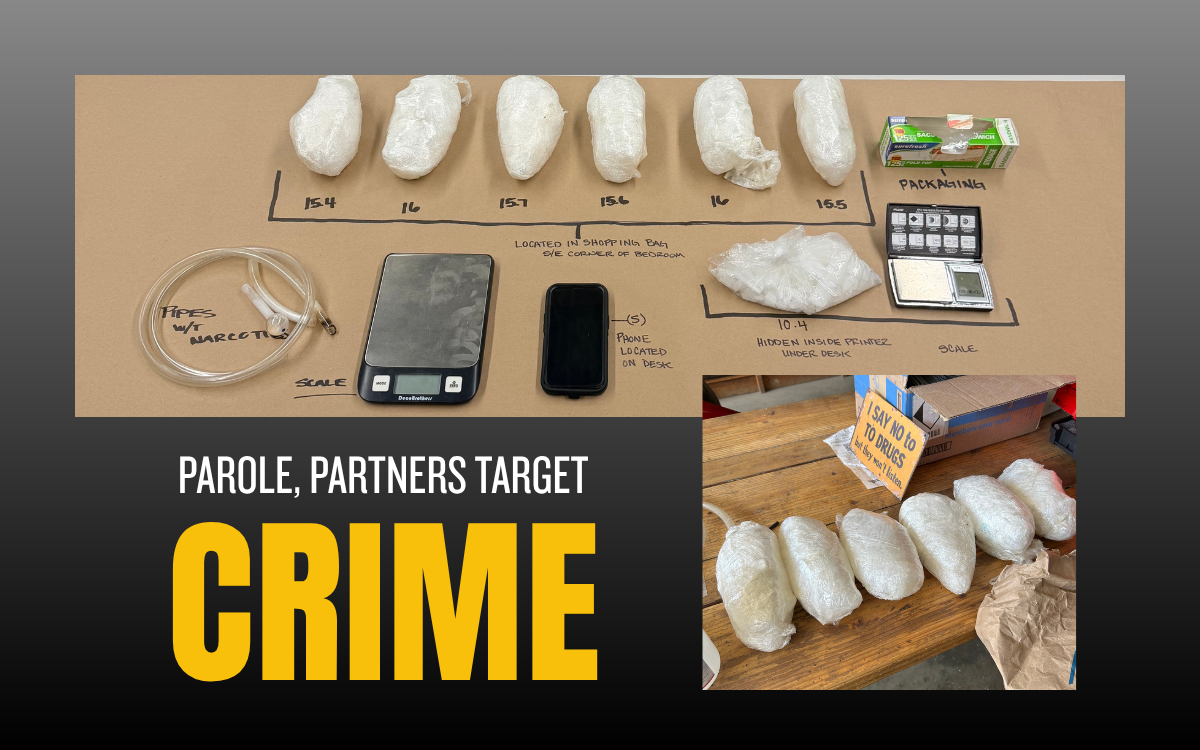 Illegal drugs, paraphernalia, scales found during search warrant in Visalia. Words near the photo are Parole agents, partners target crime.