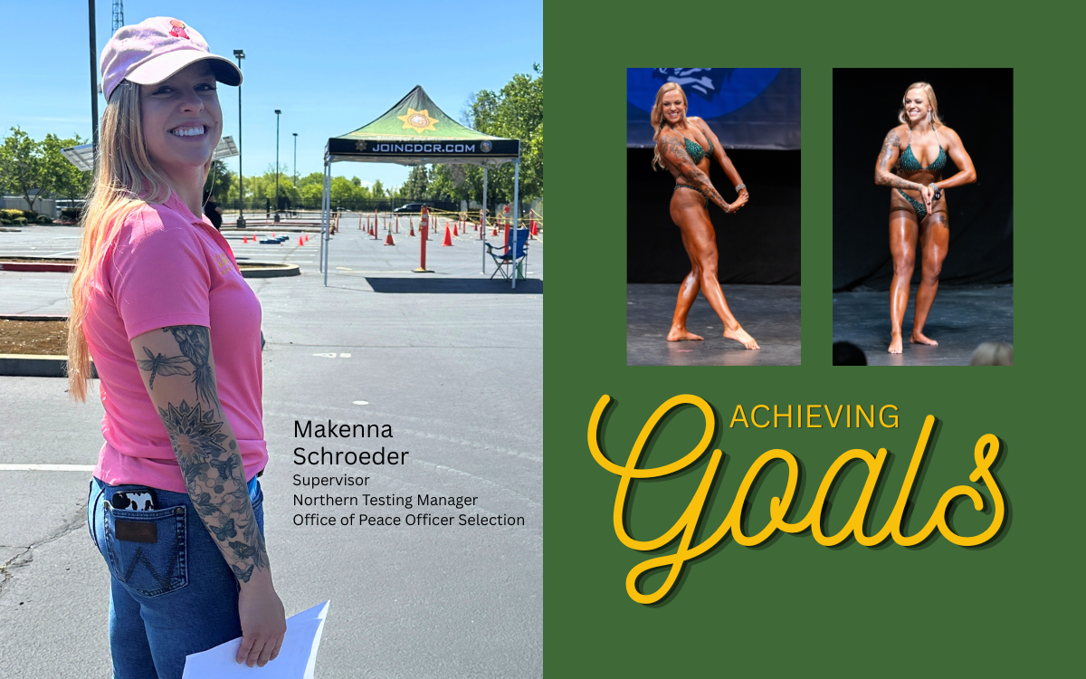 Makenna Schroeder wearing regular clothing and two images of her in a bodybuilding competition at South Lake Tahoe.