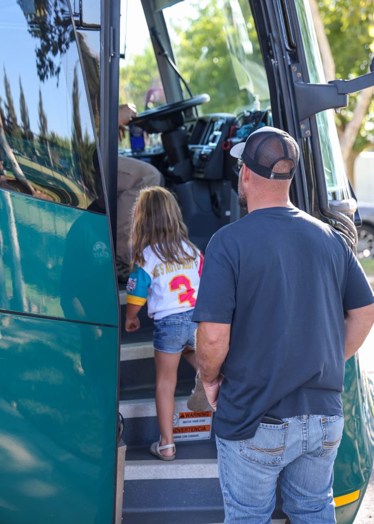 A family checks out the transportation bus during National Night Out in Galt, California.