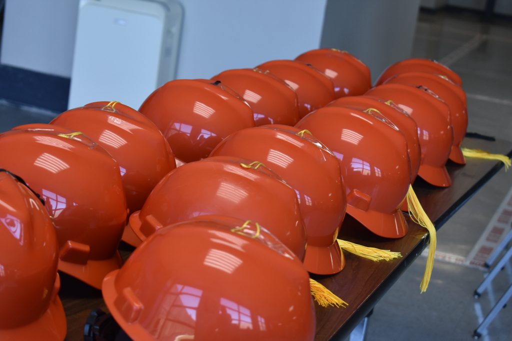 Graduation hardhats for the 15 students at Salinas Valley State Prison, or SVSP, at Soledad, California.