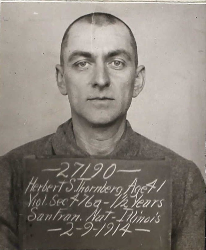 Thornburg, 1914, with head shaved at San Quentin.