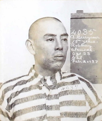 Berryessa, Augustine wearing stripes in 1897 at Folsom State Prison, intake photo.