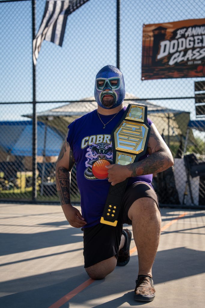 A player in a wrestling style costume.