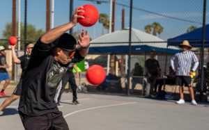 Centinela State Prison staff member dodges a ball during the first Dodgeball Classic tournament held at a local park Sept. 26, 2026.