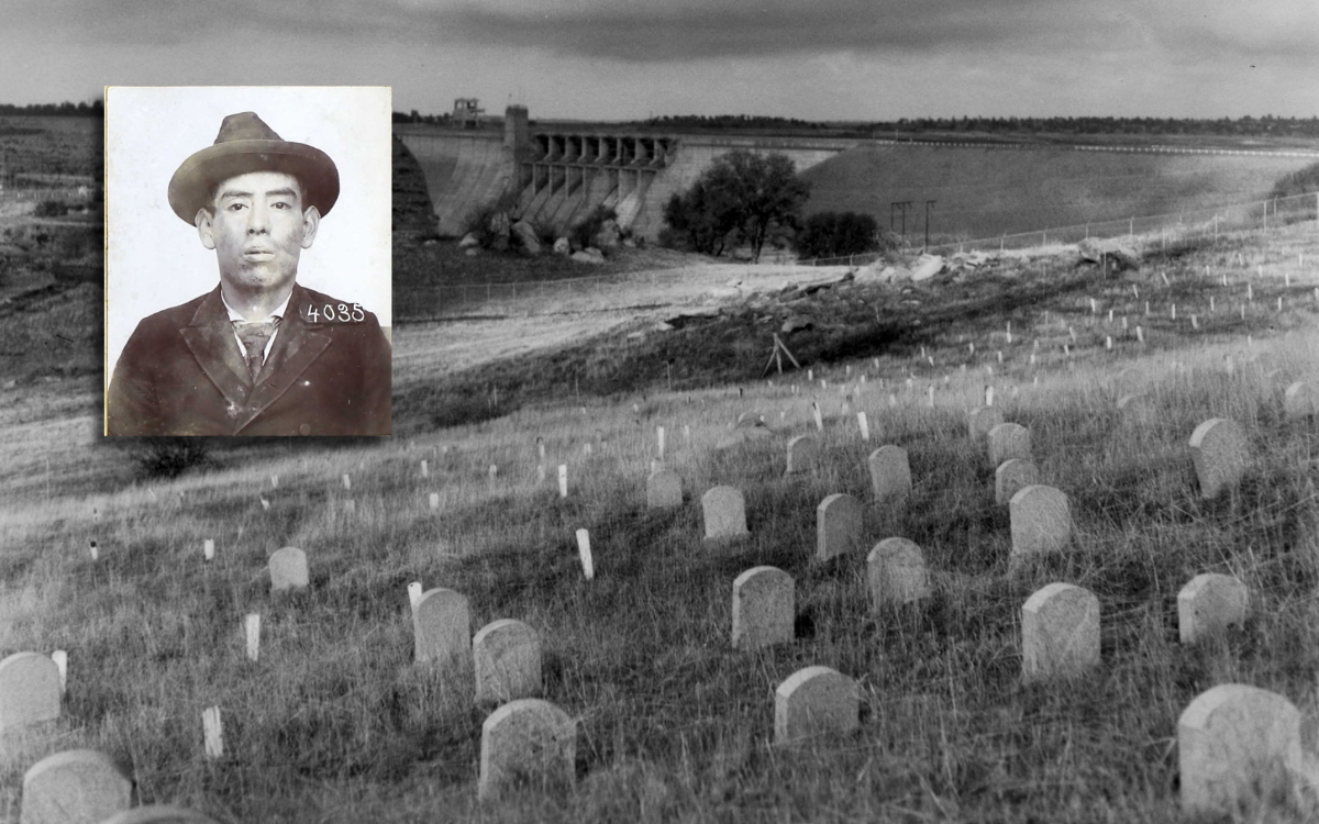 Augustine Berryessa mugshot from 1897 at Folsom State Prison and the prison cemetery with the Folsom Dam shown in the background.