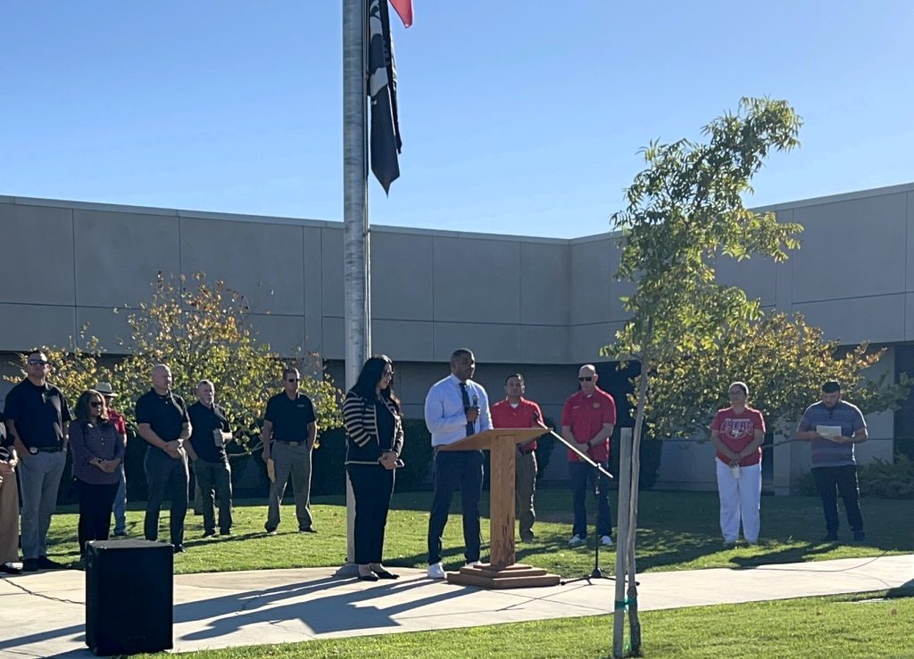 Acting Warden O. Bailey speaks during the 9/11 memorial ceremony at Valley State Prison in Chowchilla.