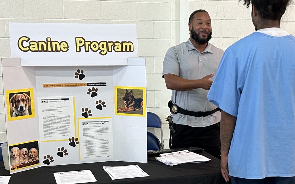 A booth for the Valley State Prison dog-training Canine Program in Chowchilla, California, 2026.