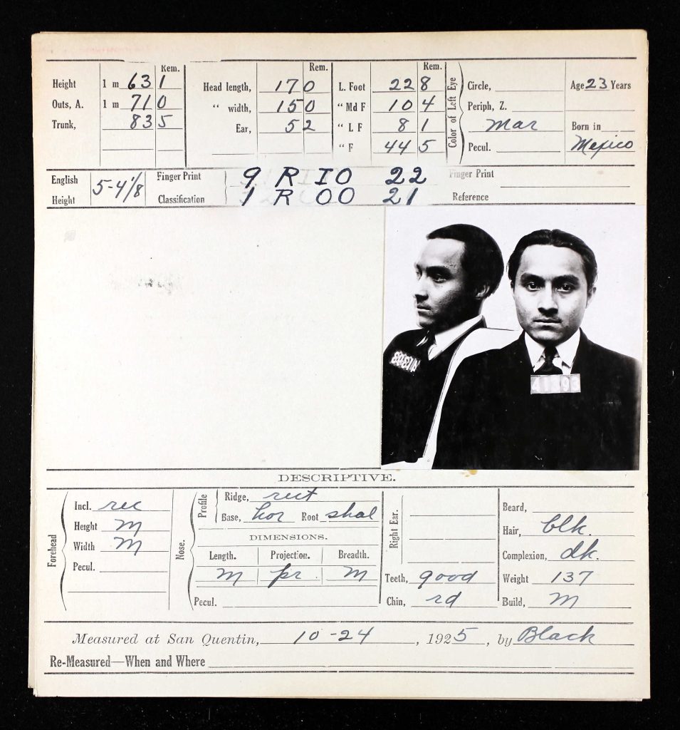 Miguel Bravo and his San Quentin prison information with a photo from 1925.