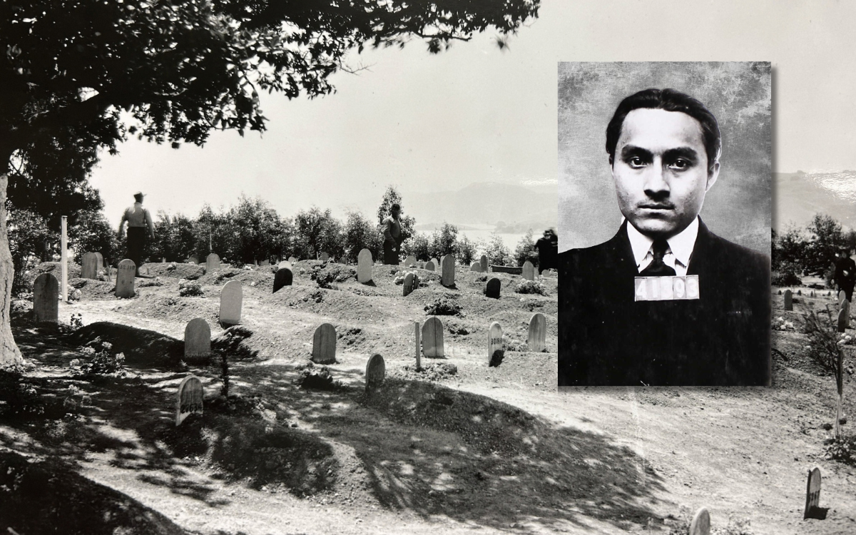 San Quentin prison cemetery, circa 1930s-40s, and an image of Miguel Bravo from 1925 when he was received for grand larceny out of Los Angeles County to serve a sentence of one to 10 years.