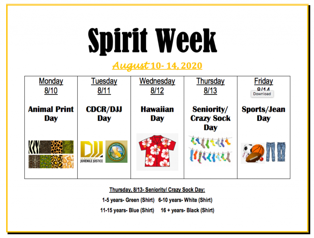 Spirit Week calendar