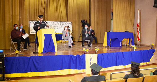 Graduate Speaker Steven Sweeny addresses the graduating class of Johanna Boss High School