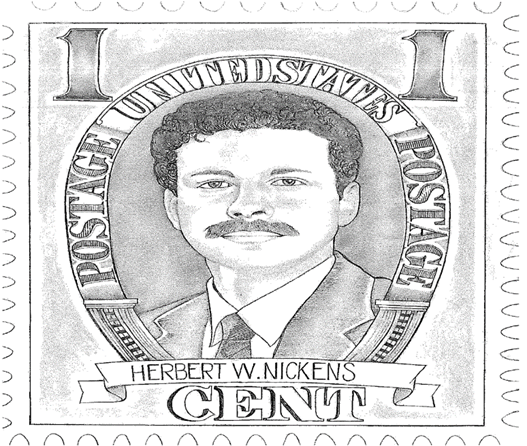 Pencil rendering of Herbert W. Nickens as a one cent postage stamp. 