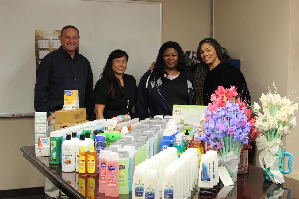 Ventura Acting Superintendent George Castellanos, Dr. Deborah Leong, PA Danica Green AND Tracee Agee with donated toiletries for Ventura County Lighthouse Women & Children Program.