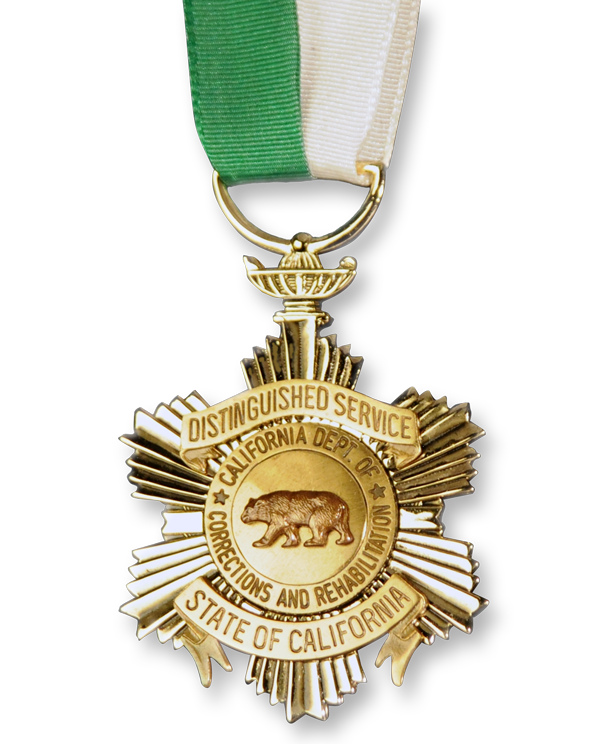 CDCR distinguished service medal with white and green ribbon