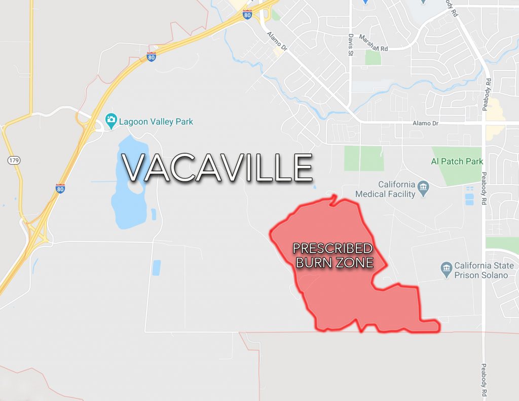 map of red prescribed burn zone near Vacaville, CA
