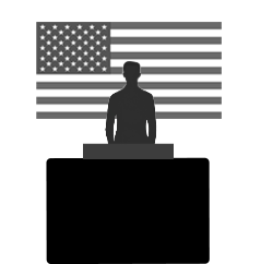 American flag behind speaker on podium