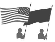 Two man holding flag marching. American flag higher on the right side than the other sample flag.