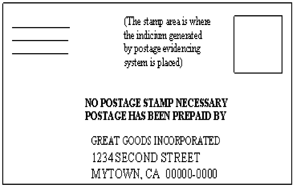 Metered envelope with three lines on the top left with stamp placement on top right with writing of No postage stamp necessary postage has been prepaid by great goods incorporated with address in mytown california