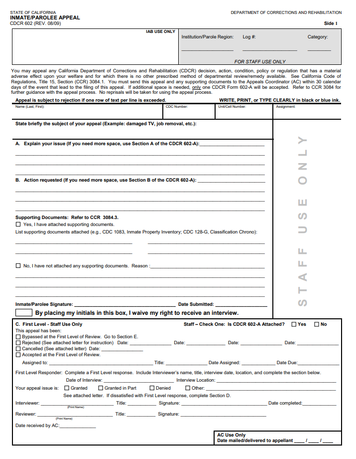 An example of page 1 of CDCR Form 601, Inmate/Parolee Appeal