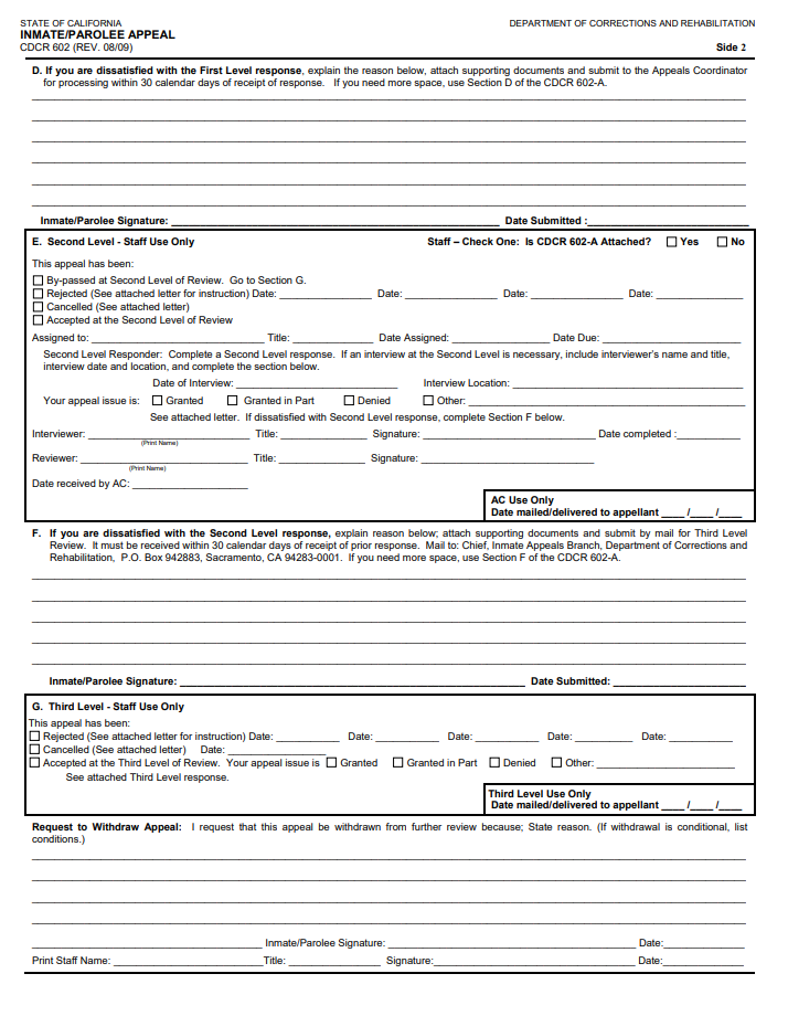 An example of page 2 of CDCR Form 601, Inmate/Parolee Appeal