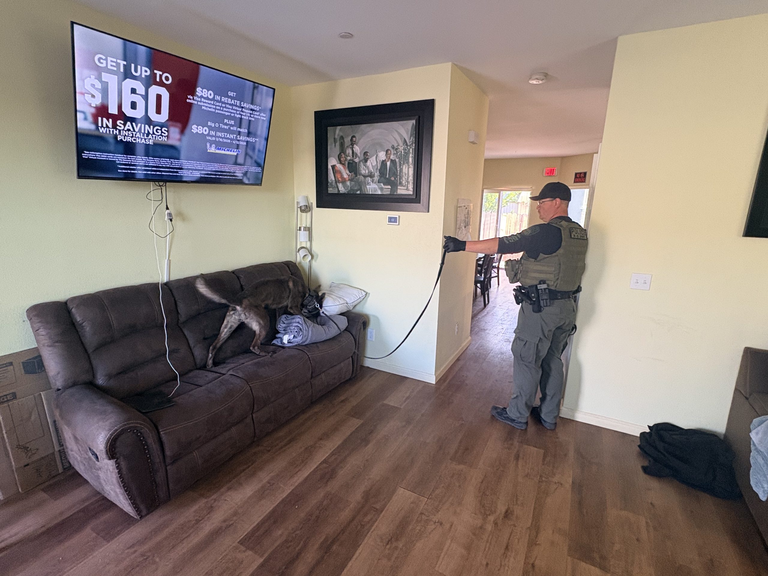 K-9 dog and Officer searching for illegal contraband