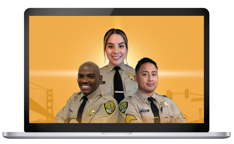 laptop screen displaying three correctional officers smiling