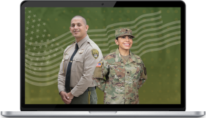 laptop screen displaying 2 correctional officers smiling, one in military uniform, one in CDCR uniform
