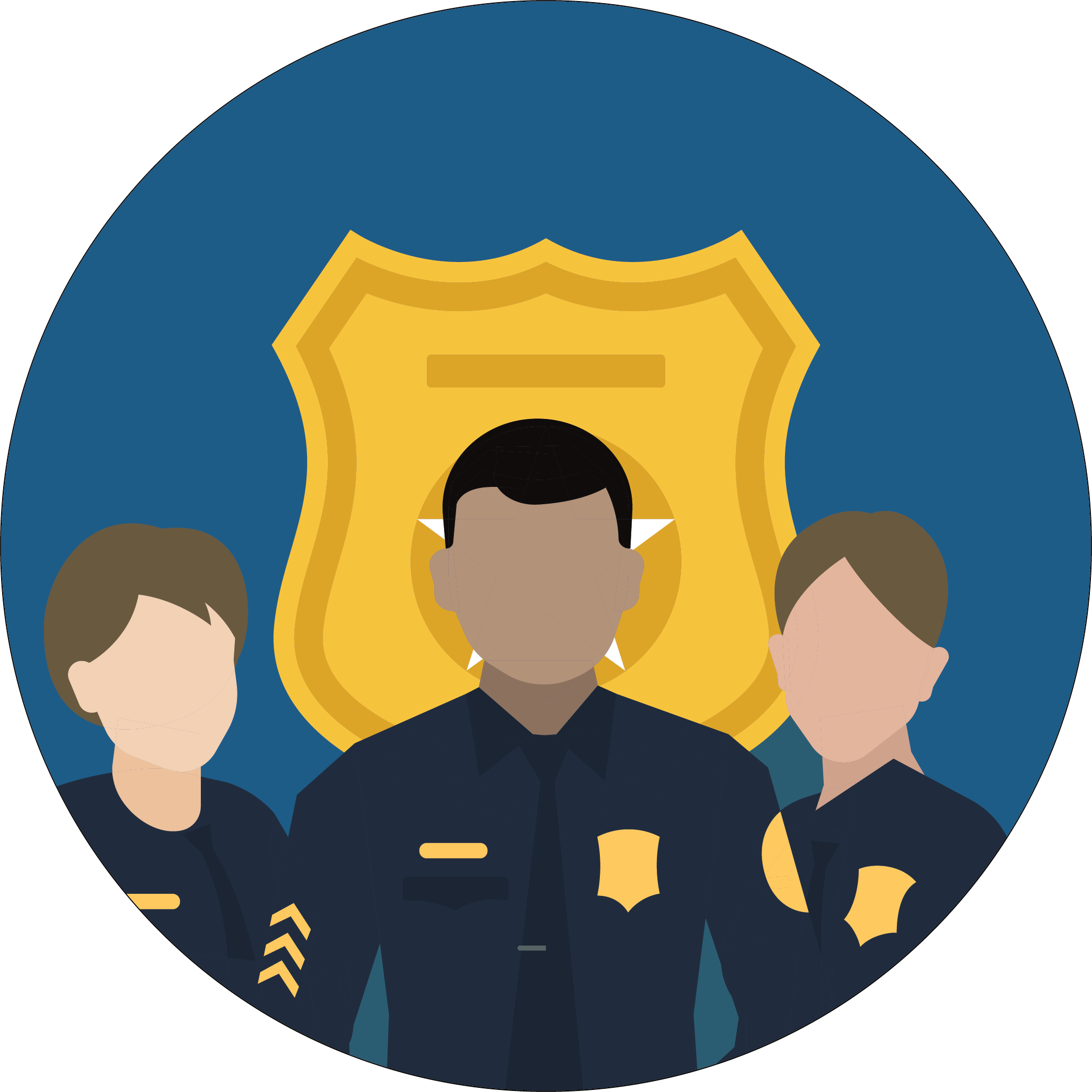 Law enforcement icon showing three figures standing in front of a badge