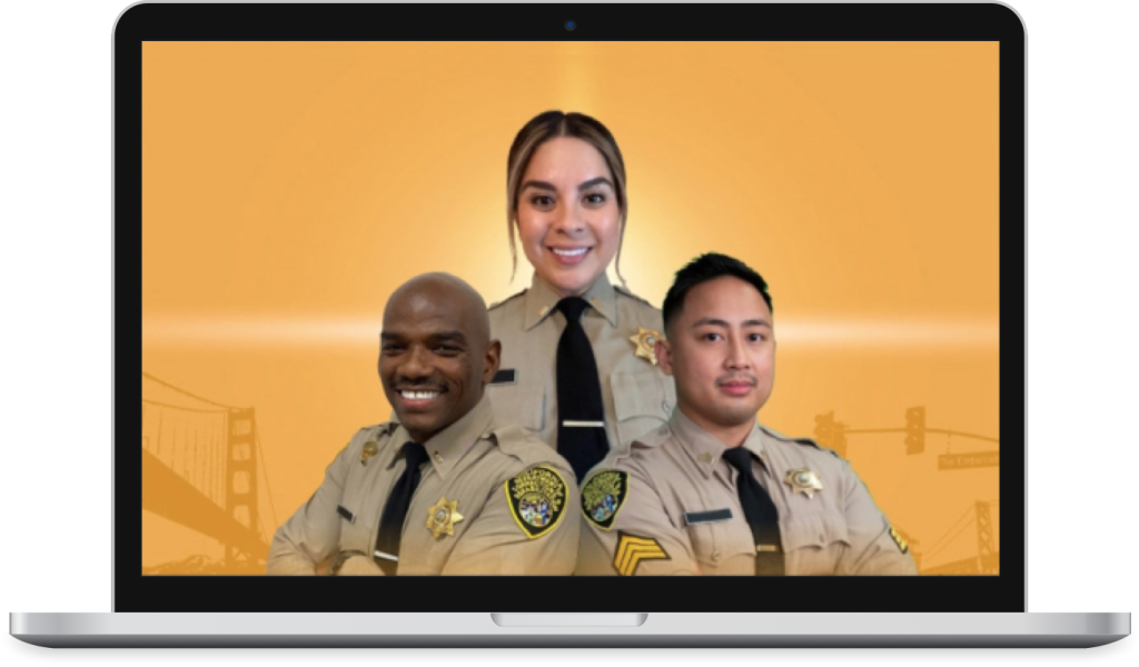 Laptop screen with a collage of CDCR officers