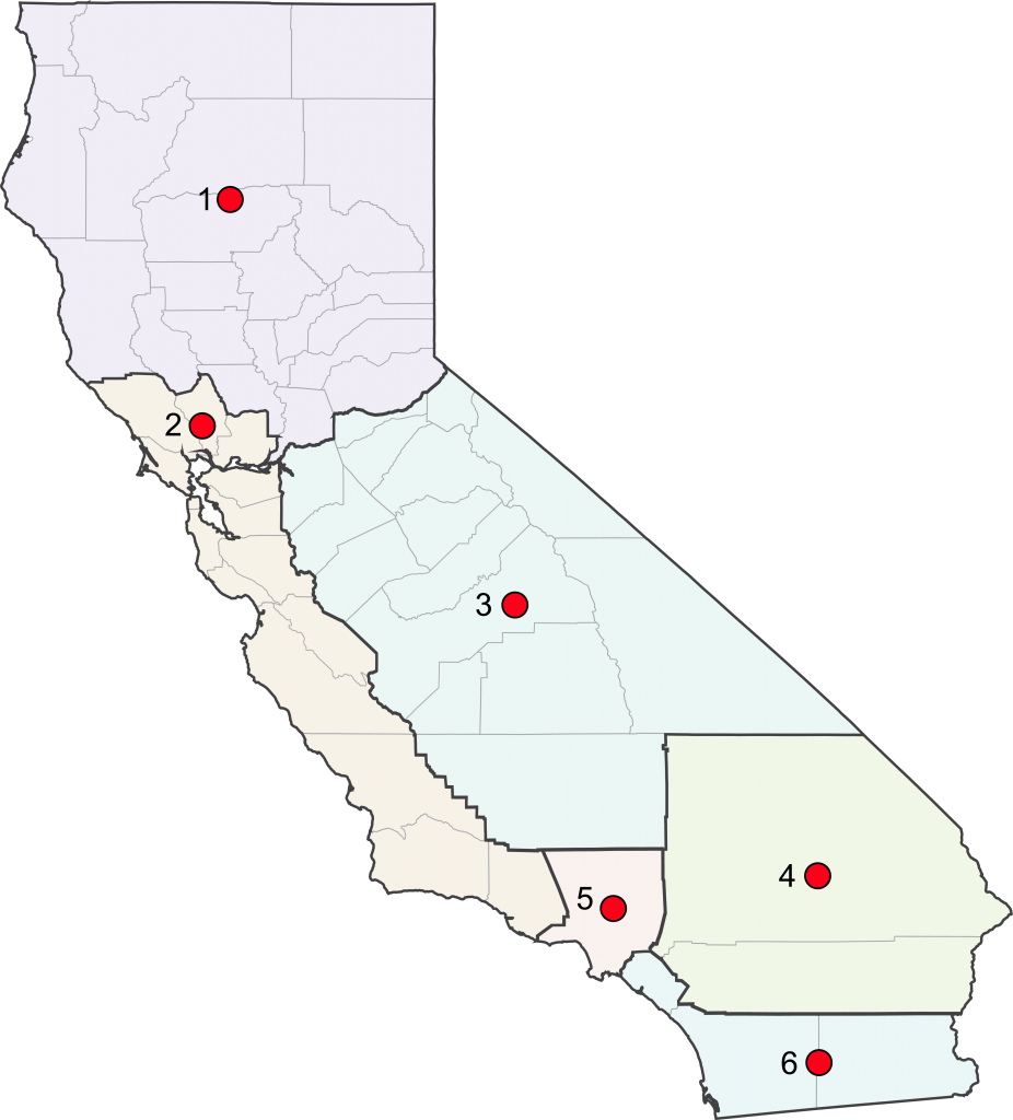 Six areas on California map numbered with red dots next to each number