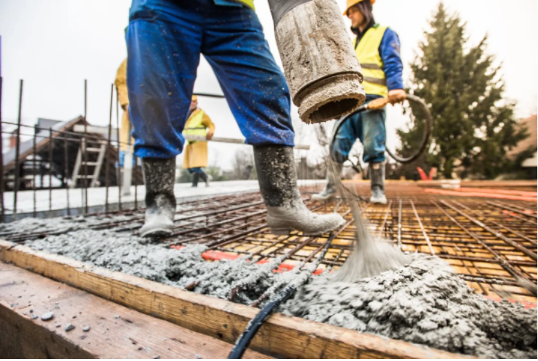 Construction workers pour concrete