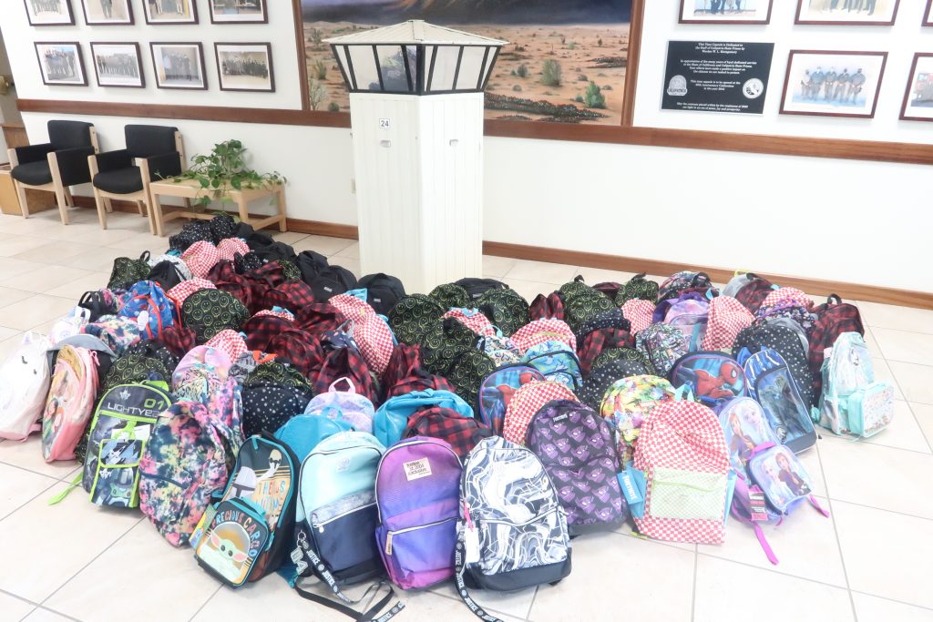 Various backpacks that were donated