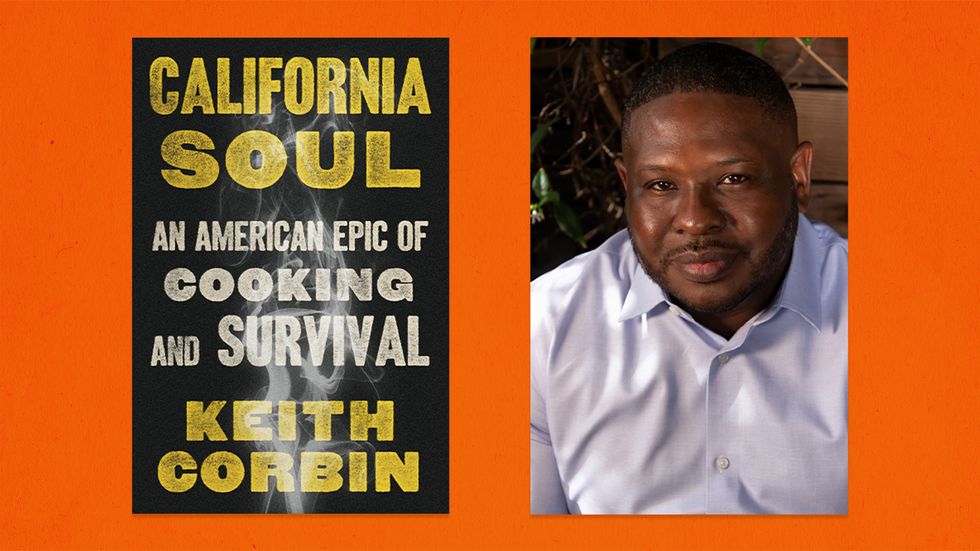 Orange background, cover of the book "California Soul," and portrait of the chef in a white shirt